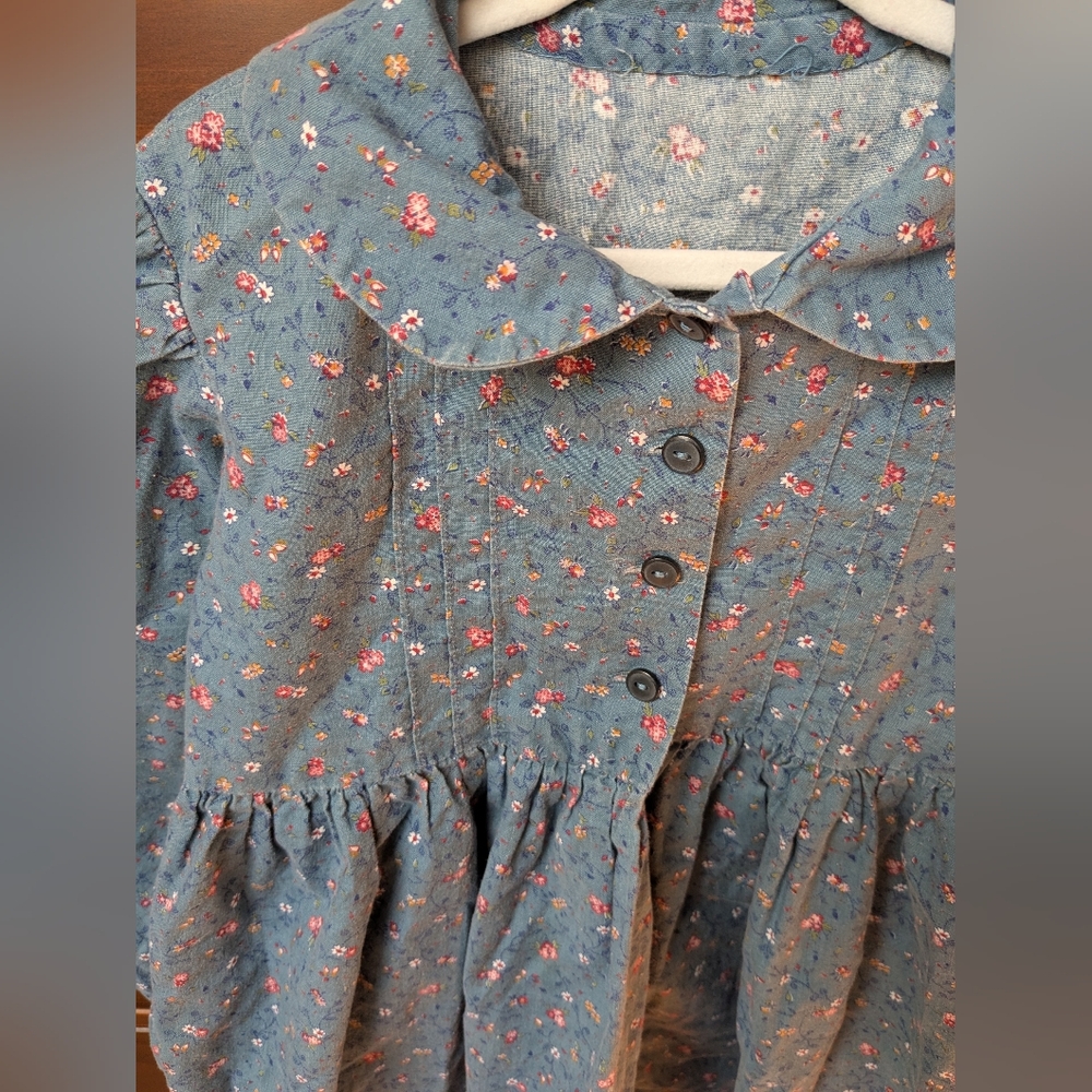 Hand Made Floral Blue Long-Sleeve Dress For Easter Cottage Core - Picture 3 of 6